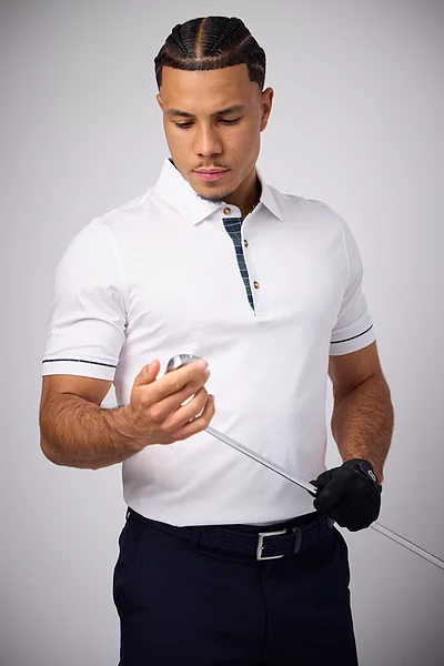 Mens Tailored Collar Tartan Detail Mercerised Cotton Golf Shirt