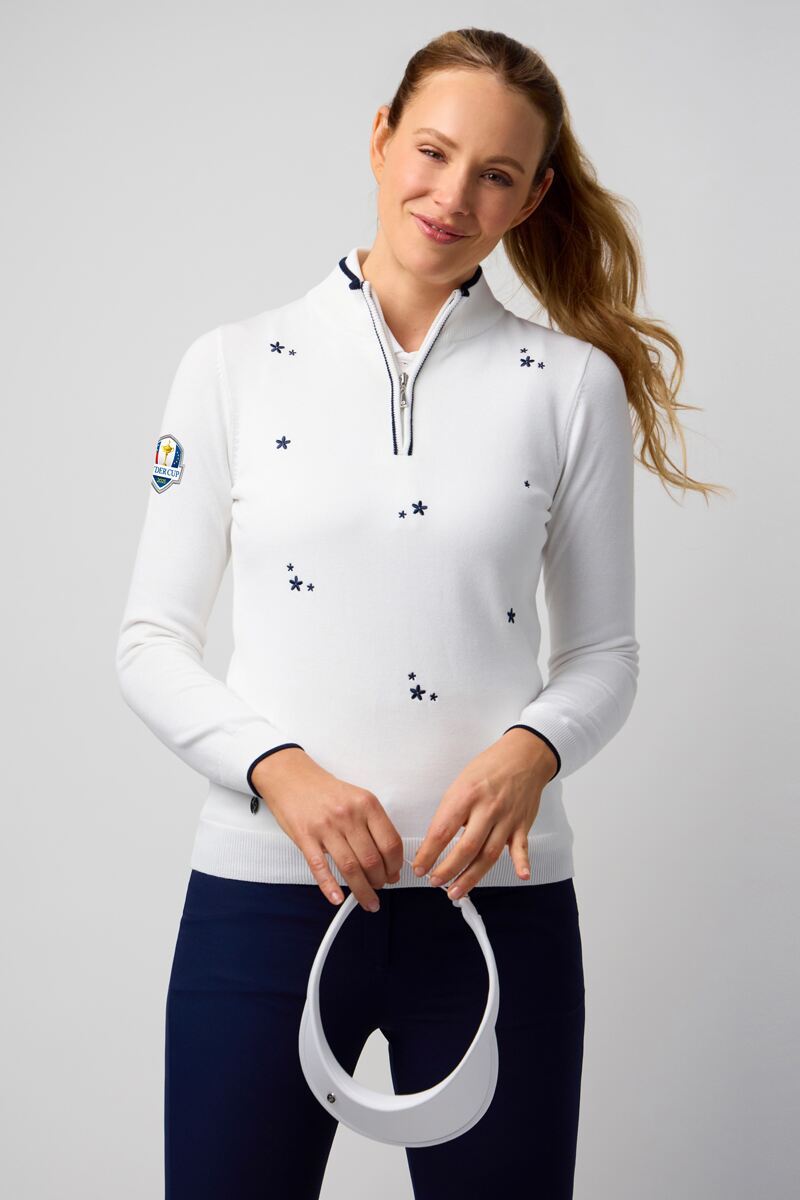 Official Ryder Cup 2025 Ladies Quarter Zip Floral Embroidery Cotton Lightweight Golf Sweater Official Ryder Cup 2025 Ladies Quarter Zip Floral Embroidery Cotton Lightweight Golf Sweater